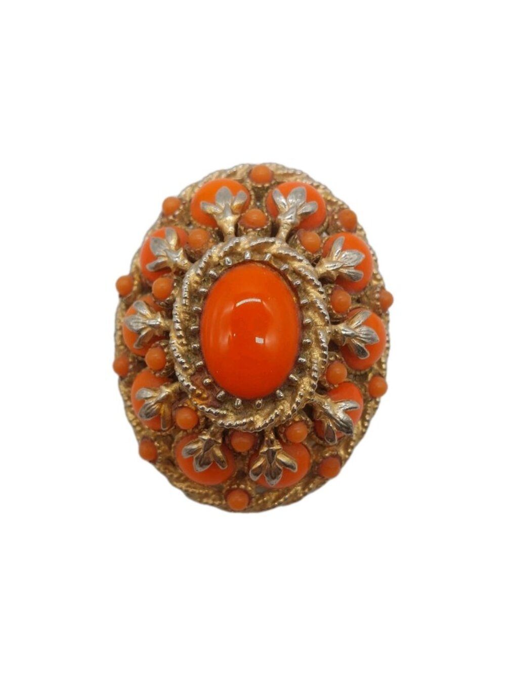 Har Brooch Pin Coral Cabochon Stone & Gold Tone Surrounds 1.5" READ